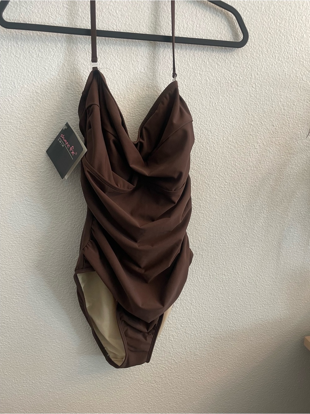 NWT Shape FX Brown Ruched Halter One-Piece Swimsuit Tummy Control size 8